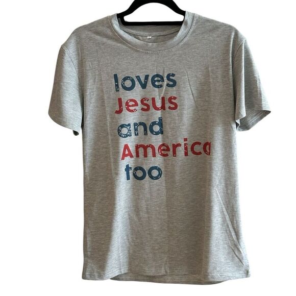 Loves Jesus and America Too Patriotic Christian Graphic Tee Gray M - Picture 2 of 6